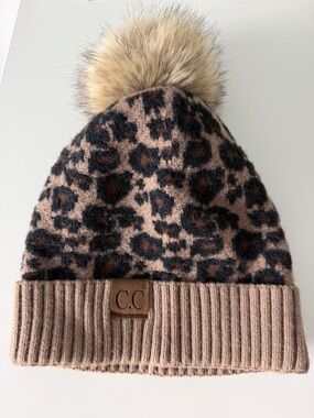 C.C women’s Leopard Pom Beanie - Taupe & Black
